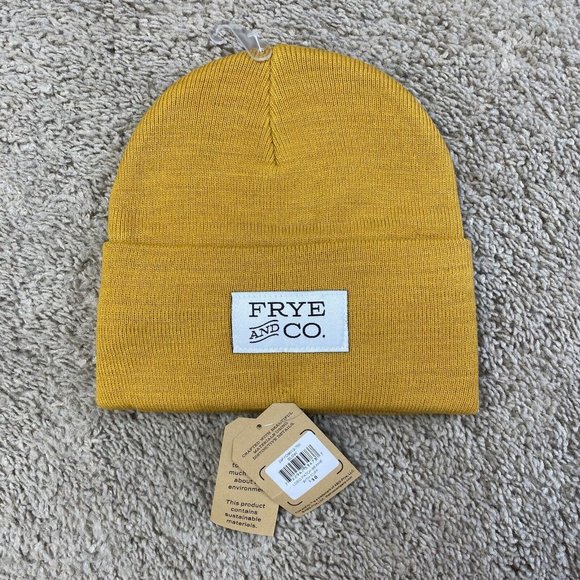 Frye And Co Hat Beanie Unisex Size OS Cuff Logo Patch Yellow‎ Gold Winter Modern - Picture 4 of 6